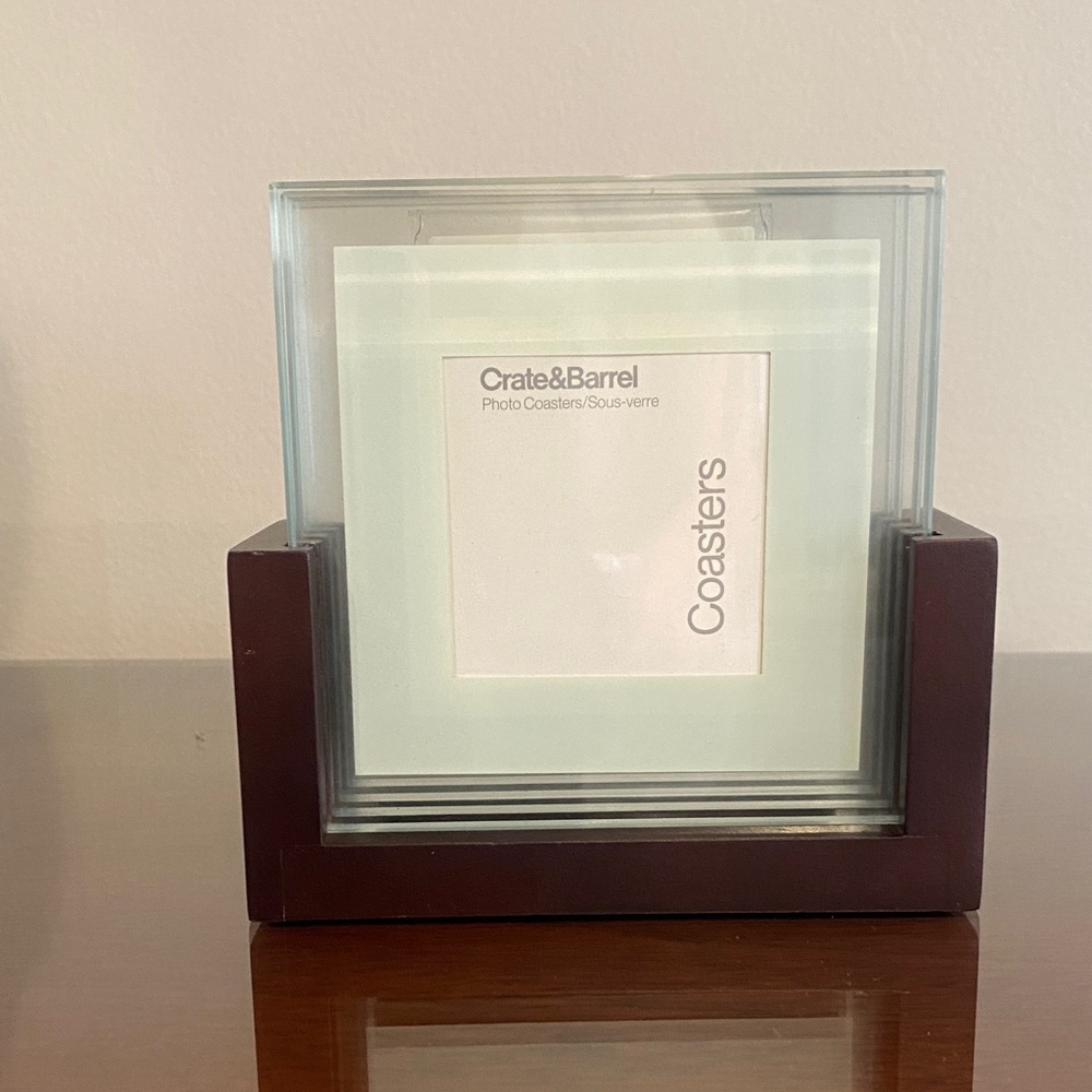 Crate&Barrel Glass Photo Coasters with Brown wood Holder.